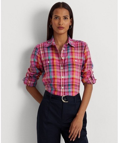 Women's Plaid Linen Shirt Pink Multi $60.75 Tops