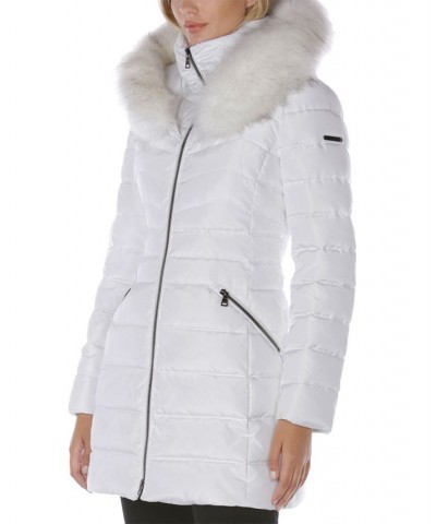 Women's Faux-Fur-Trim Hooded Puffer Coat White $61.20 Coats