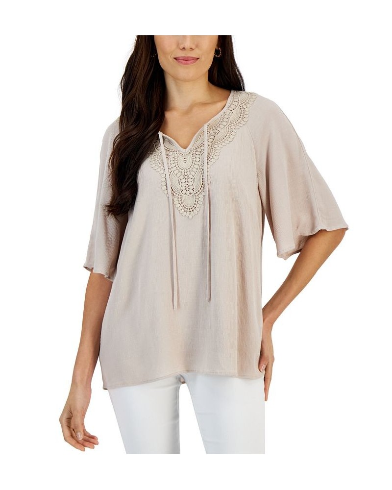 Women's Crochet Flutter-Sleeve Peasant Top Tan/Beige $18.76 Tops