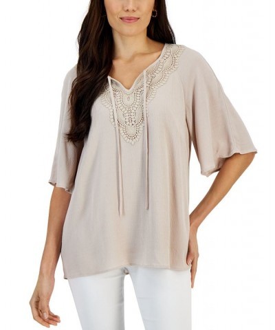 Women's Crochet Flutter-Sleeve Peasant Top Tan/Beige $18.76 Tops