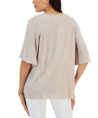 Women's Crochet Flutter-Sleeve Peasant Top Tan/Beige $18.76 Tops