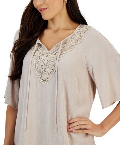 Women's Crochet Flutter-Sleeve Peasant Top Tan/Beige $18.76 Tops