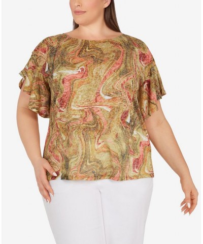 Plus Size Marbled Flutter Sleeve Top Fatigue Multi $21.09 Tops