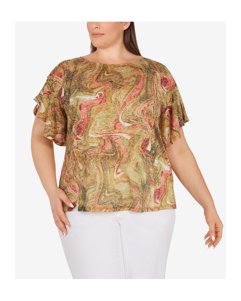 Plus Size Marbled Flutter Sleeve Top Fatigue Multi $21.09 Tops