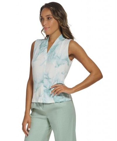 Women's Marble-Print Sleeveless V-Neck Top Jadeite Multi $28.91 Tops