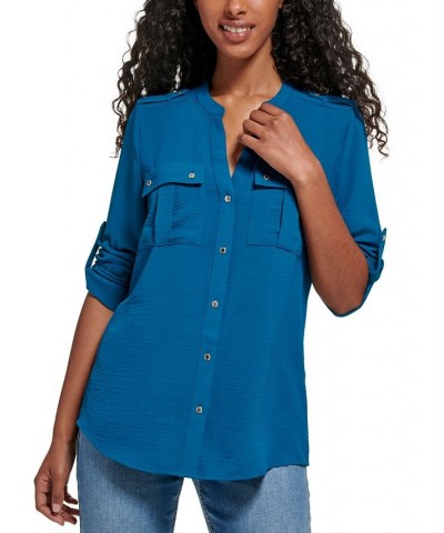 Textured Roll-Tab Blouse Blue $21.88 Tops