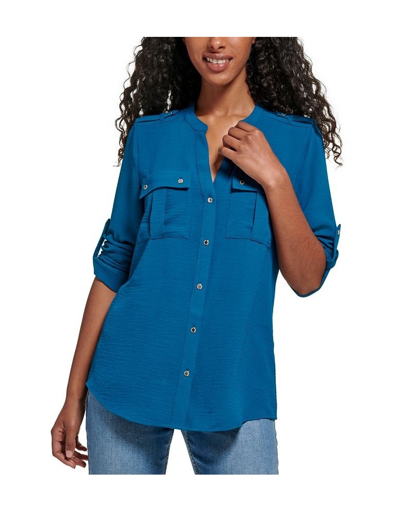 Textured Roll-Tab Blouse Blue $21.88 Tops