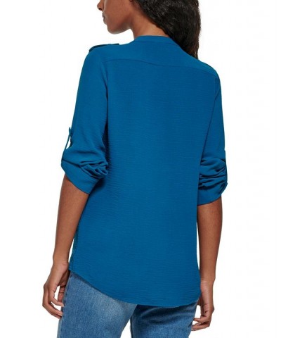 Textured Roll-Tab Blouse Blue $21.88 Tops