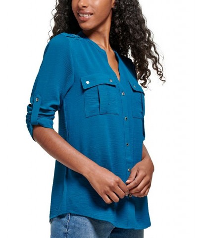 Textured Roll-Tab Blouse Blue $21.88 Tops