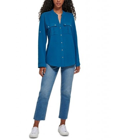 Textured Roll-Tab Blouse Blue $21.88 Tops