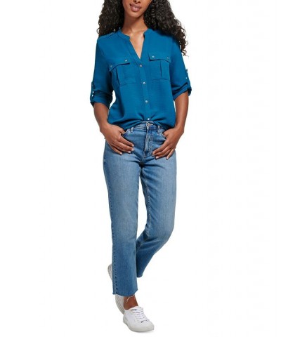 Textured Roll-Tab Blouse Blue $21.88 Tops