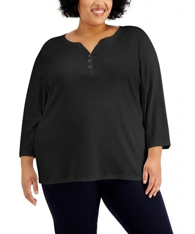 Plus Size 3/4-Sleeve Henley Top Boca Blush $8.79 Tops