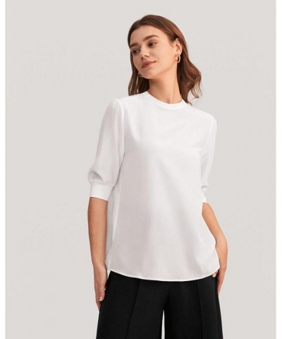 Women's Elegant Casual Silk Tee With Rib Cuff Natural White $46.58 Tops