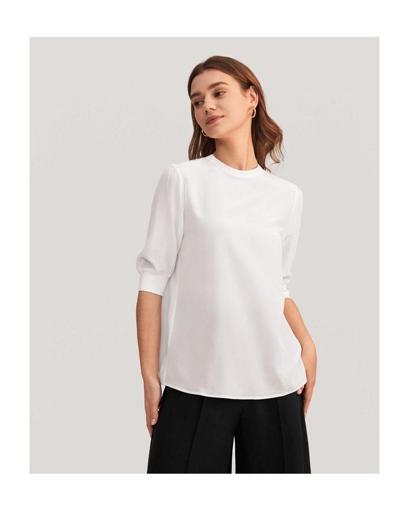 Women's Elegant Casual Silk Tee With Rib Cuff Natural White $46.58 Tops