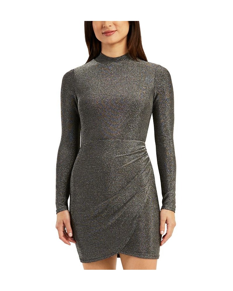 Juniors' Metallic Ruched Tulip-Hem Mock-Neck Dress Silver $12.25 Dresses