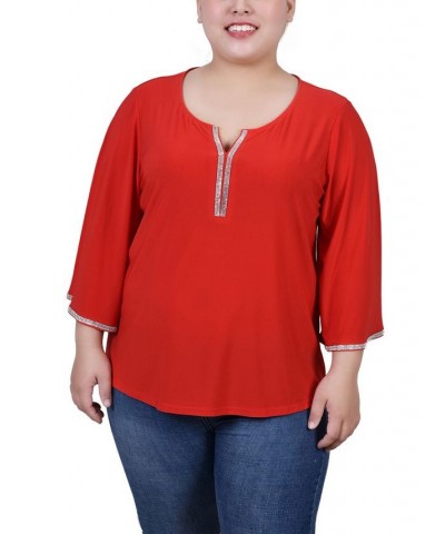 Plus Size 3/4 Bell Sleeve Top with Stones Red $12.56 Tops