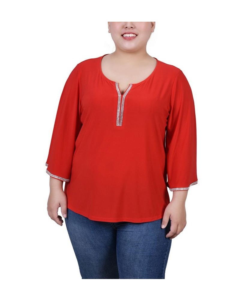 Plus Size 3/4 Bell Sleeve Top with Stones Red $12.56 Tops