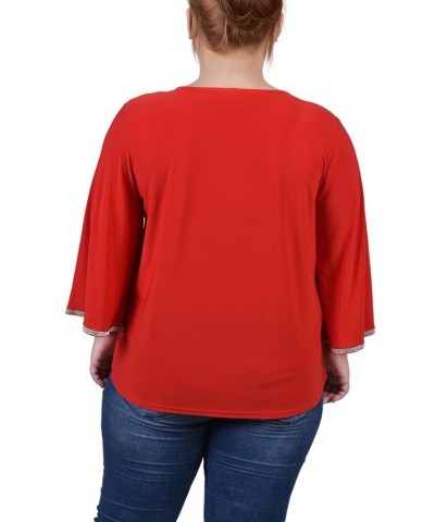 Plus Size 3/4 Bell Sleeve Top with Stones Red $12.56 Tops