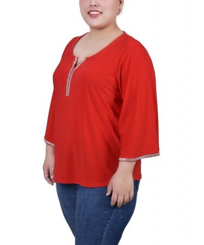 Plus Size 3/4 Bell Sleeve Top with Stones Red $12.56 Tops