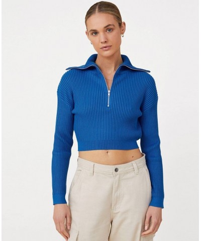 Women's Crop Rib Zip Collar Sweater Blue $25.80 Sweaters