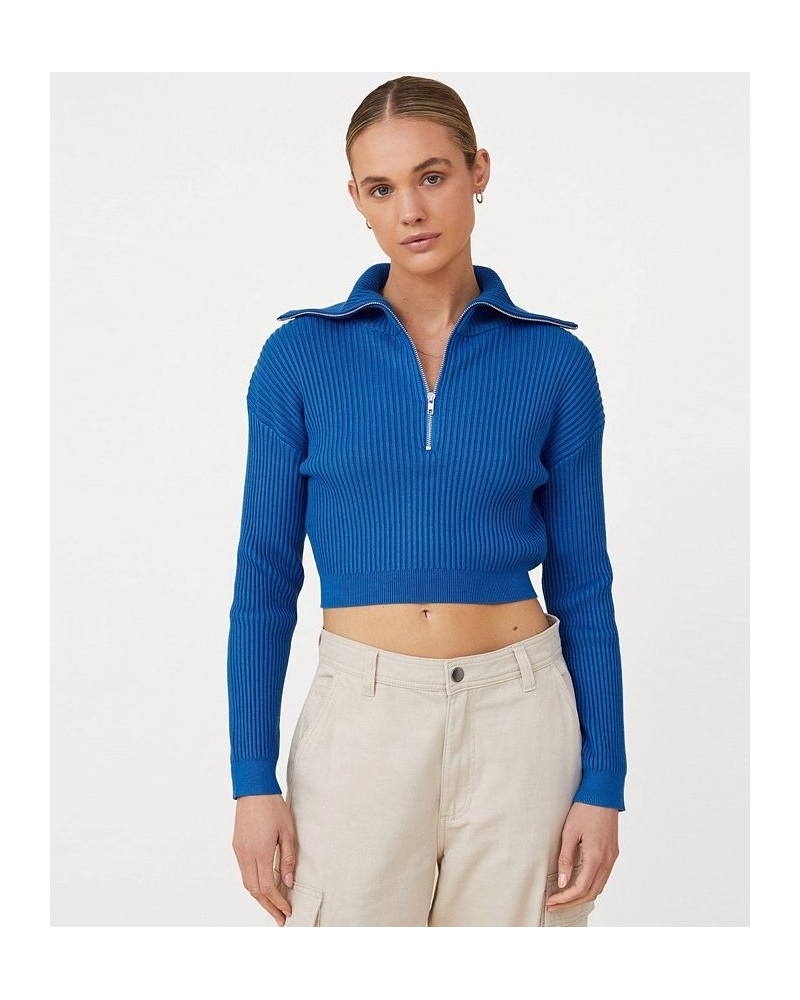 Women's Crop Rib Zip Collar Sweater Blue $25.80 Sweaters