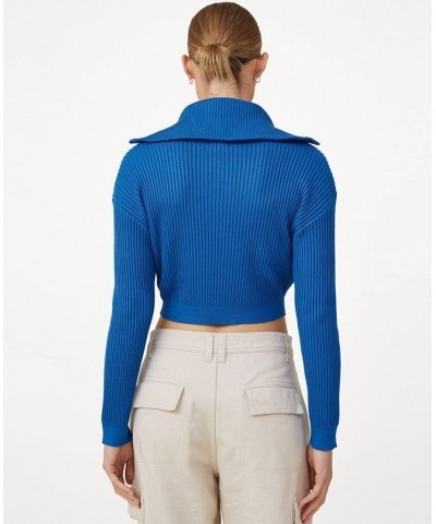 Women's Crop Rib Zip Collar Sweater Blue $25.80 Sweaters