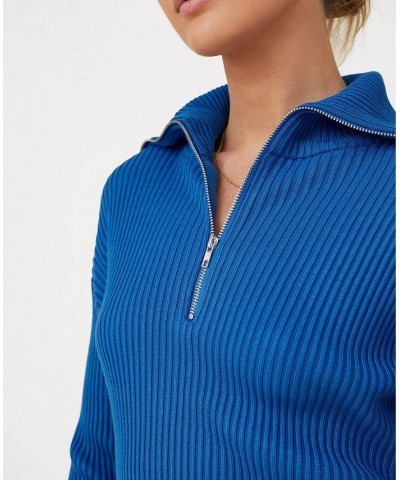 Women's Crop Rib Zip Collar Sweater Blue $25.80 Sweaters