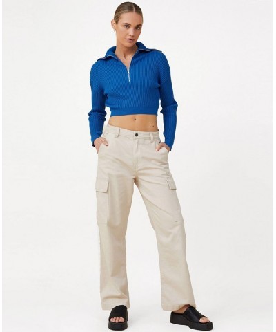 Women's Crop Rib Zip Collar Sweater Blue $25.80 Sweaters