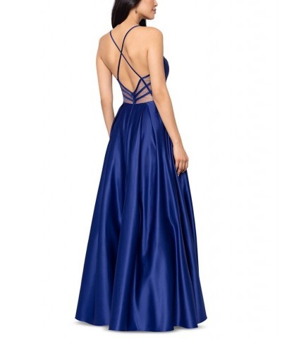 Juniors' V-Neck Satin Ball Gown Royal $58.50 Dresses