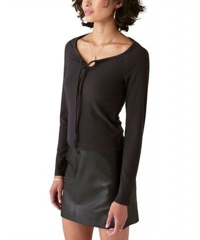 Women's Ribbed Tie-Detail T-Shirt Top Black $19.81 Tops