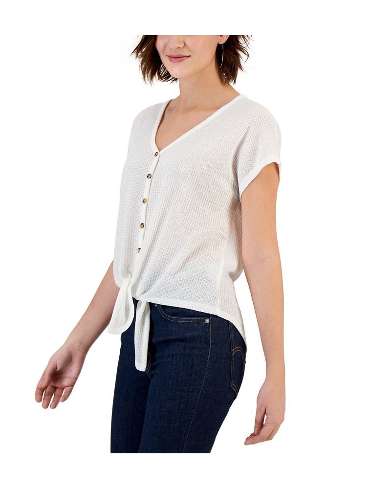 Juniors' Waffle-Knit Tie-Hem Button-Front Top Ivory/Cream $9.68 Tops