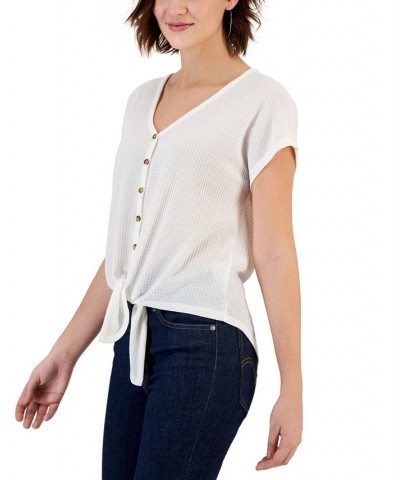 Juniors' Waffle-Knit Tie-Hem Button-Front Top Ivory/Cream $9.68 Tops