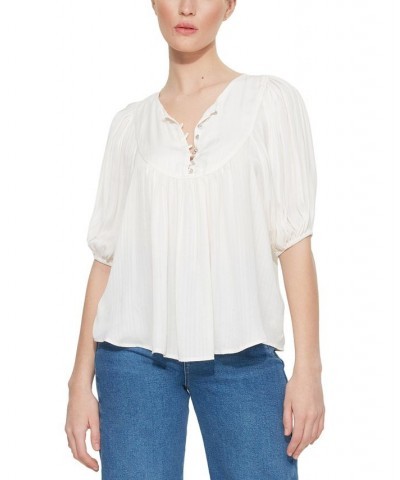 Women's Solid Quarter-Button Trapeze Henley Top Tan/Beige $17.28 Tops