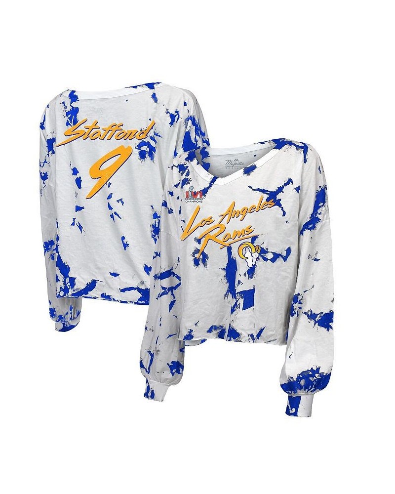 Women's White Los Angeles Rams Super Bowl LVI Champions Off-Shoulder Tie-Dye Name Number Long Sleeve V-Neck T-shirt $32.90 Tops