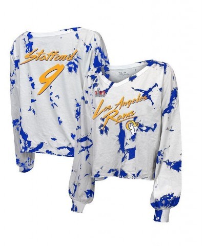 Women's White Los Angeles Rams Super Bowl LVI Champions Off-Shoulder Tie-Dye Name Number Long Sleeve V-Neck T-shirt $32.90 Tops