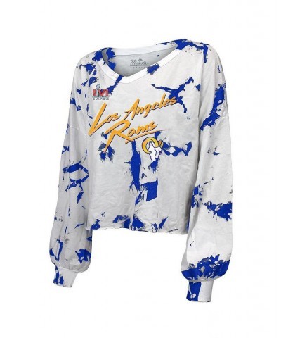 Women's White Los Angeles Rams Super Bowl LVI Champions Off-Shoulder Tie-Dye Name Number Long Sleeve V-Neck T-shirt $32.90 Tops