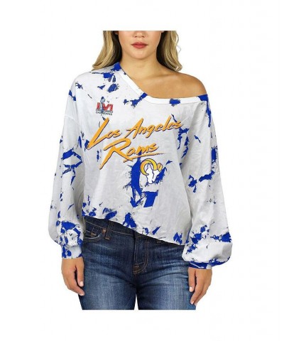 Women's White Los Angeles Rams Super Bowl LVI Champions Off-Shoulder Tie-Dye Name Number Long Sleeve V-Neck T-shirt $32.90 Tops