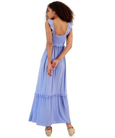 Juniors' Smocked Ruffle-Trim Sleeveless Maxi Dress Aster Blue $34.22 Dresses