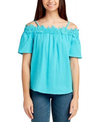 Juniors' Crochet-Trim Off-The-Shoulder Cotton Top Azure $20.09 Tops