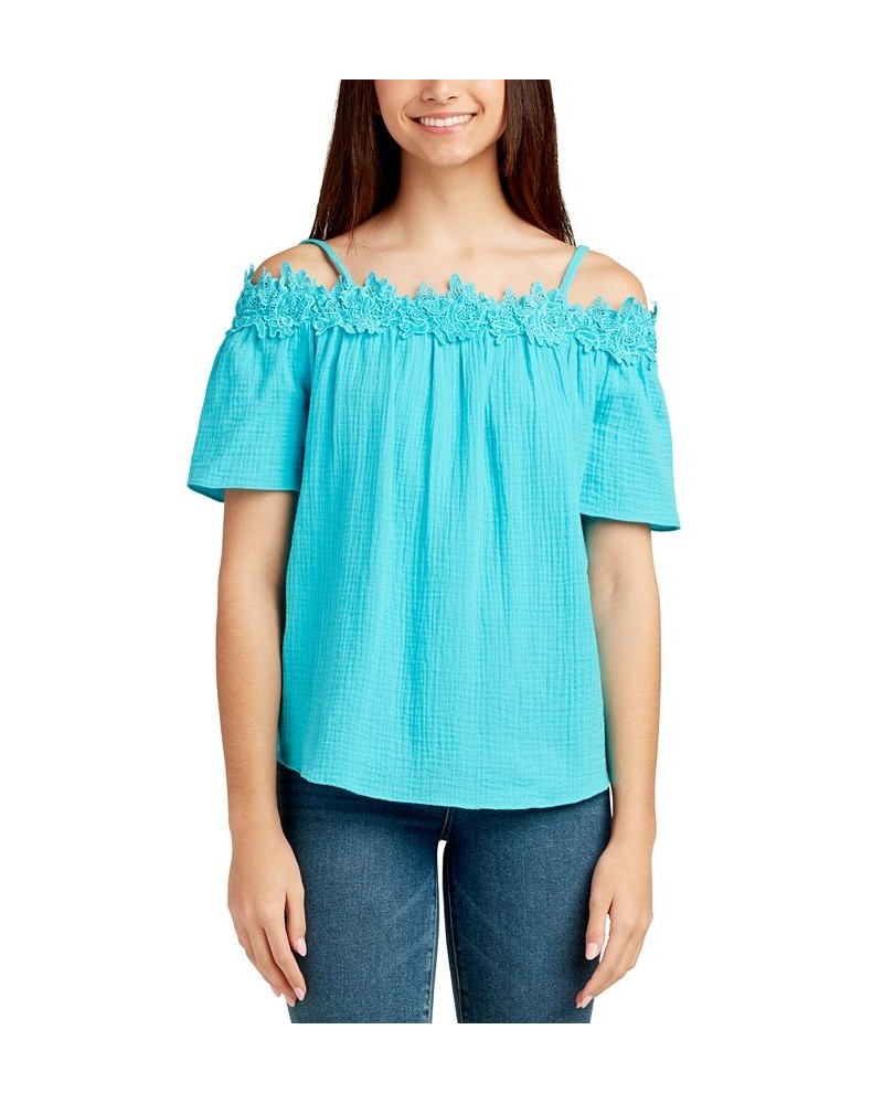 Juniors' Crochet-Trim Off-The-Shoulder Cotton Top Azure $20.09 Tops