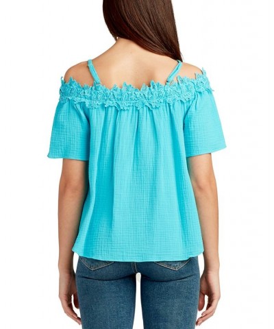 Juniors' Crochet-Trim Off-The-Shoulder Cotton Top Azure $20.09 Tops