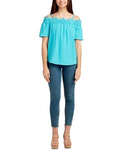 Juniors' Crochet-Trim Off-The-Shoulder Cotton Top Azure $20.09 Tops