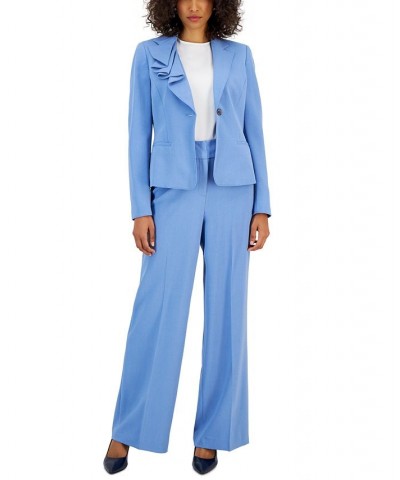 Women's Asymmetrical Ruffled One-Button Jacket & Wide-Leg Pant Suit Pale Blue $89.10 Suits