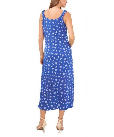 Women's Printed Ruched-Strap V-Neck Dress Deep Azure $33.60 Dresses