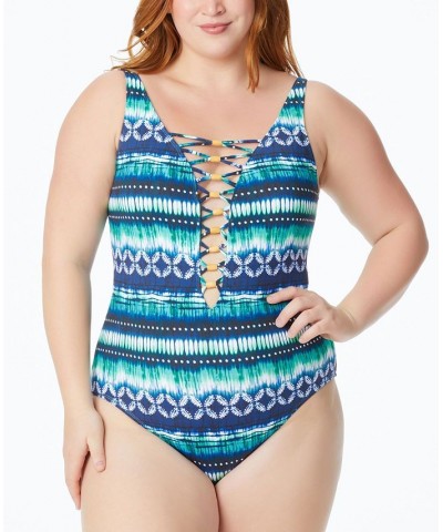 Plus Size Sun Sea & Sand Printed Lattice-Front One-Piece Swimsuit Navy Blue $35.36 Swimsuits