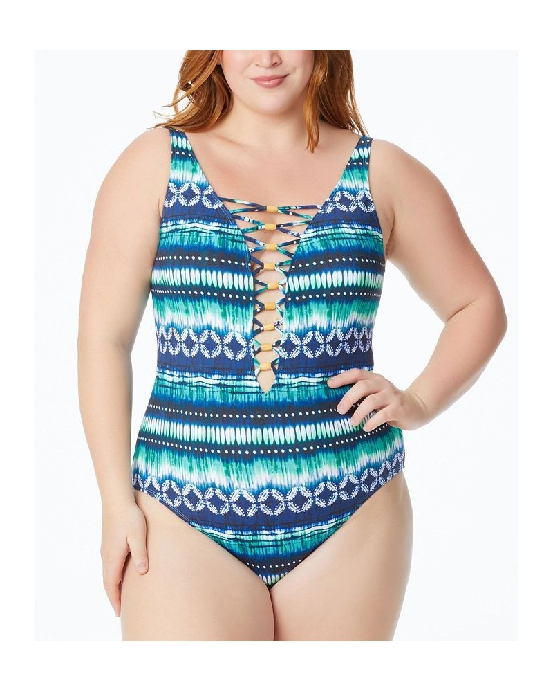 Plus Size Sun Sea & Sand Printed Lattice-Front One-Piece Swimsuit Navy Blue $35.36 Swimsuits