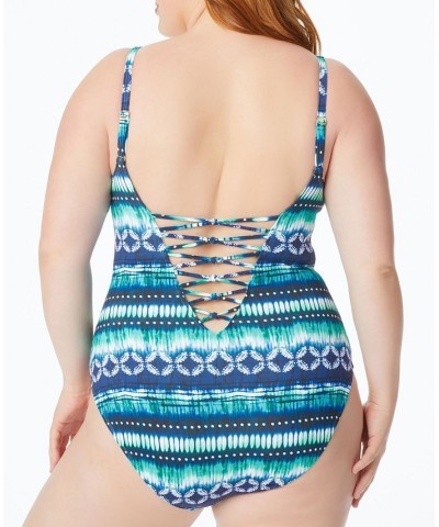 Plus Size Sun Sea & Sand Printed Lattice-Front One-Piece Swimsuit Navy Blue $35.36 Swimsuits