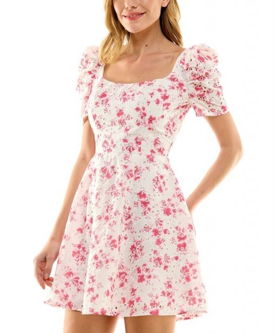 Juniors' Floral-Print Puff-Sleeve Eyelet Dress Ivory/Pink $27.14 Dresses