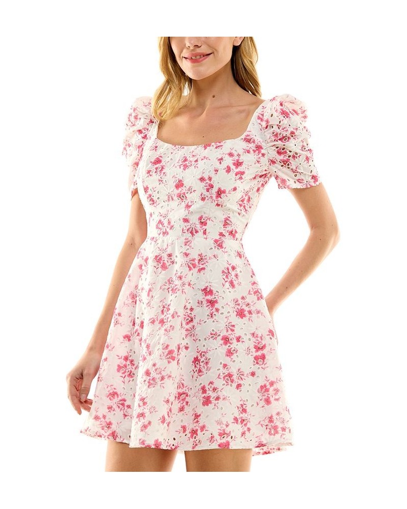 Juniors' Floral-Print Puff-Sleeve Eyelet Dress Ivory/Pink $27.14 Dresses