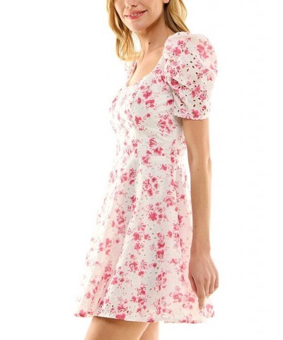 Juniors' Floral-Print Puff-Sleeve Eyelet Dress Ivory/Pink $27.14 Dresses